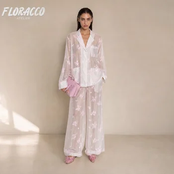 Womens Embroidered Pajama Set Long Sleeve Lapel Wide Leg Pants Smooth Quick Dry Autumn Loungewear
