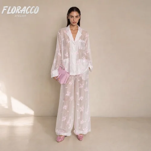 Womens Embroidered Pajama Set Long Sleeve Lapel Wide Leg Pants Smooth Quick Dry Autumn Loungewear