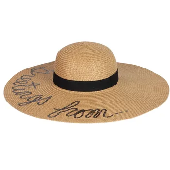 Wholesale Custom Alphabet Applique Wide Brim Women Lady Summer Beach Sun Protection Paper Floppy  Straw Hats