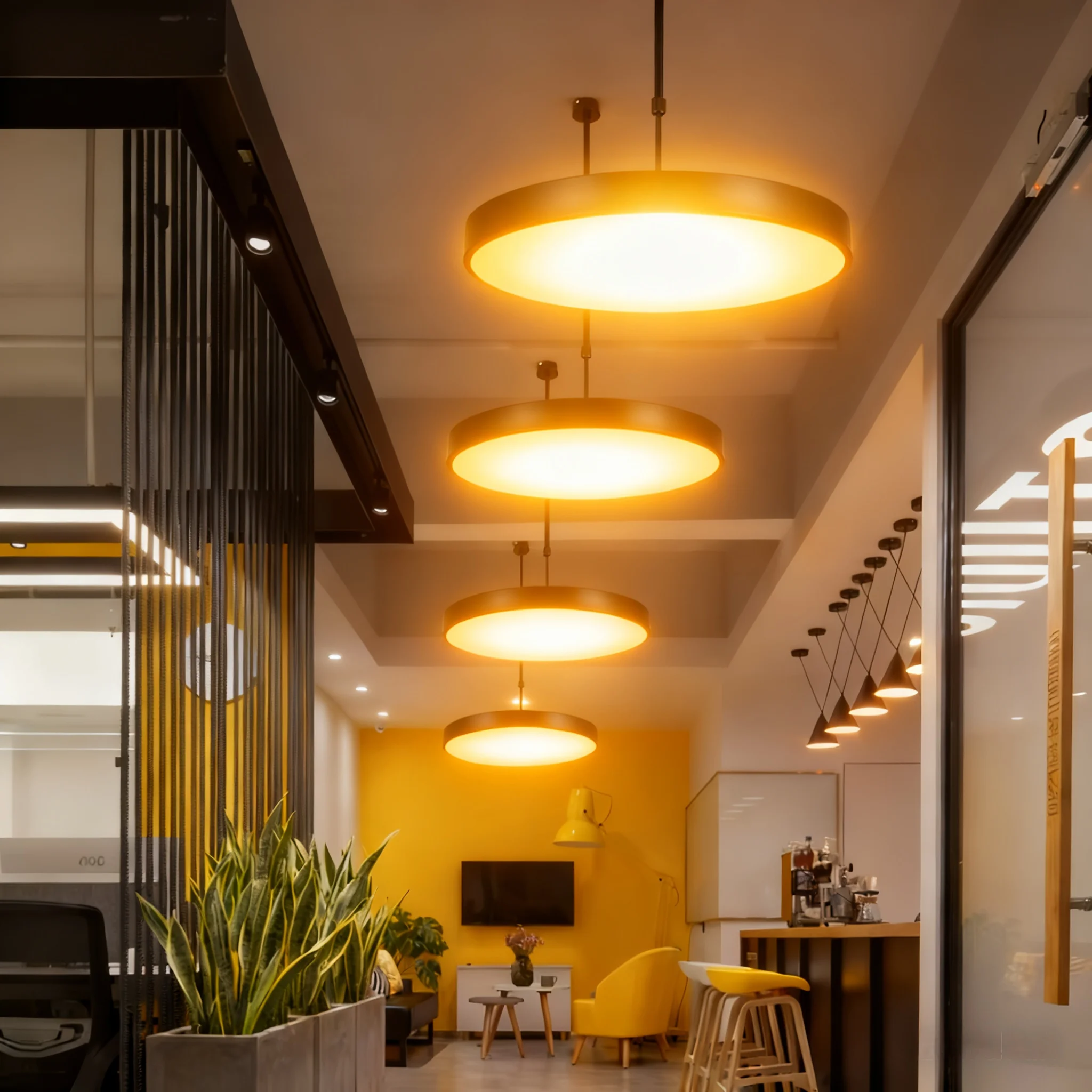 LED дөңгелек люстра - офисте пайдалану үшін темірден жасалған, жарқыраудан қорғайтын, биіктігі реттелетін, қыздырылған ақ (3500K) жарық, қосқышы бар