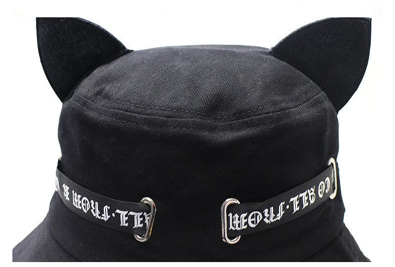 Korean Fashion Alphabet Long Silk Ribbon Sunscreen Bucket Hats with Cat Ears Foldable Cotton Fisherman Cap