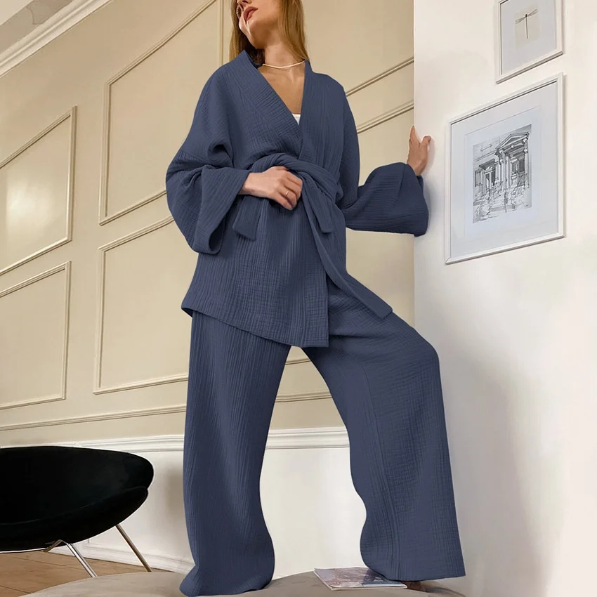 Womens Washed Cotton Gauze Pajama Set Double Layer Breathable Long Sleeve Wrap Full Length Pants Autumn Loungewear — detail