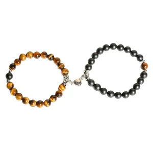 Manufacture Stainless Steel Jewelry tiger Eye Gemstone Bead Bracelet for Couples Magnet Connect Ball Couple Bracelet