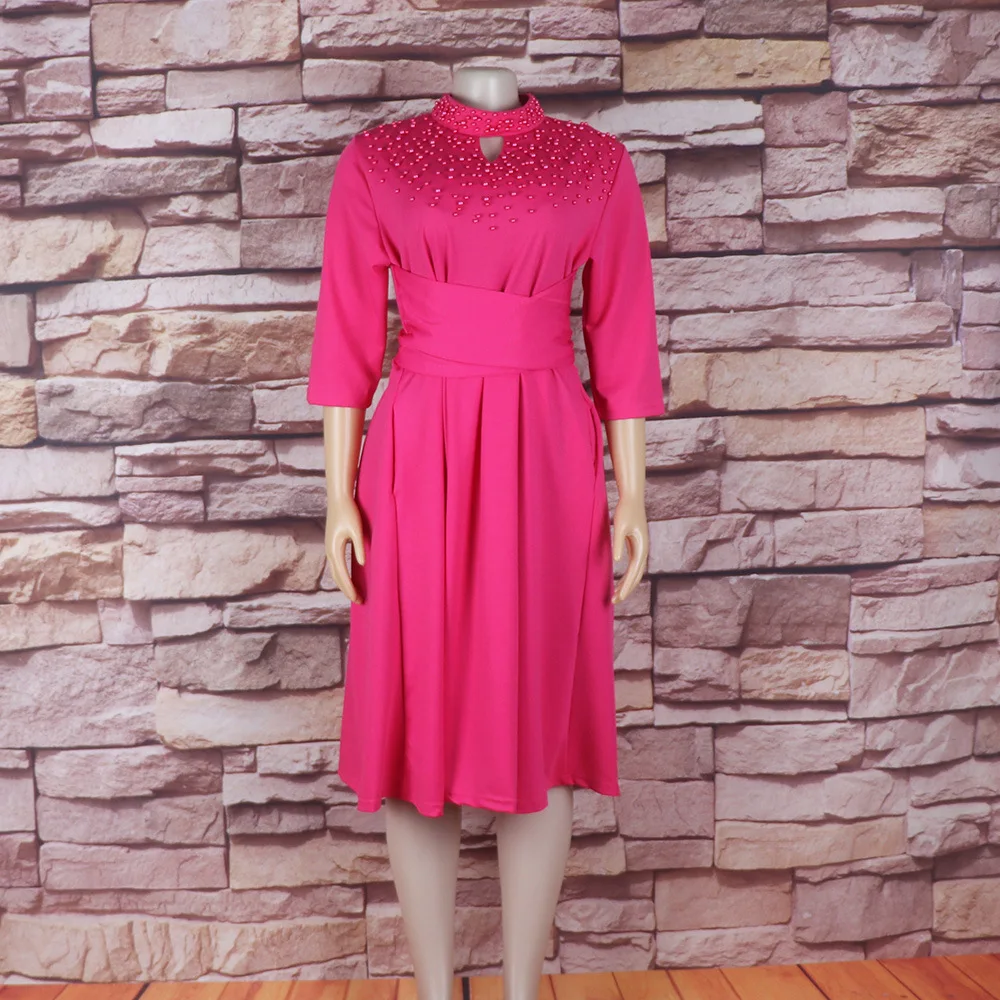 Trendy African Dresses for Women - Casual Elegant Midi Dress with Stand  Collar, Pearl Beaded Accents, & Pockets. Perfect for Daily Wear.
