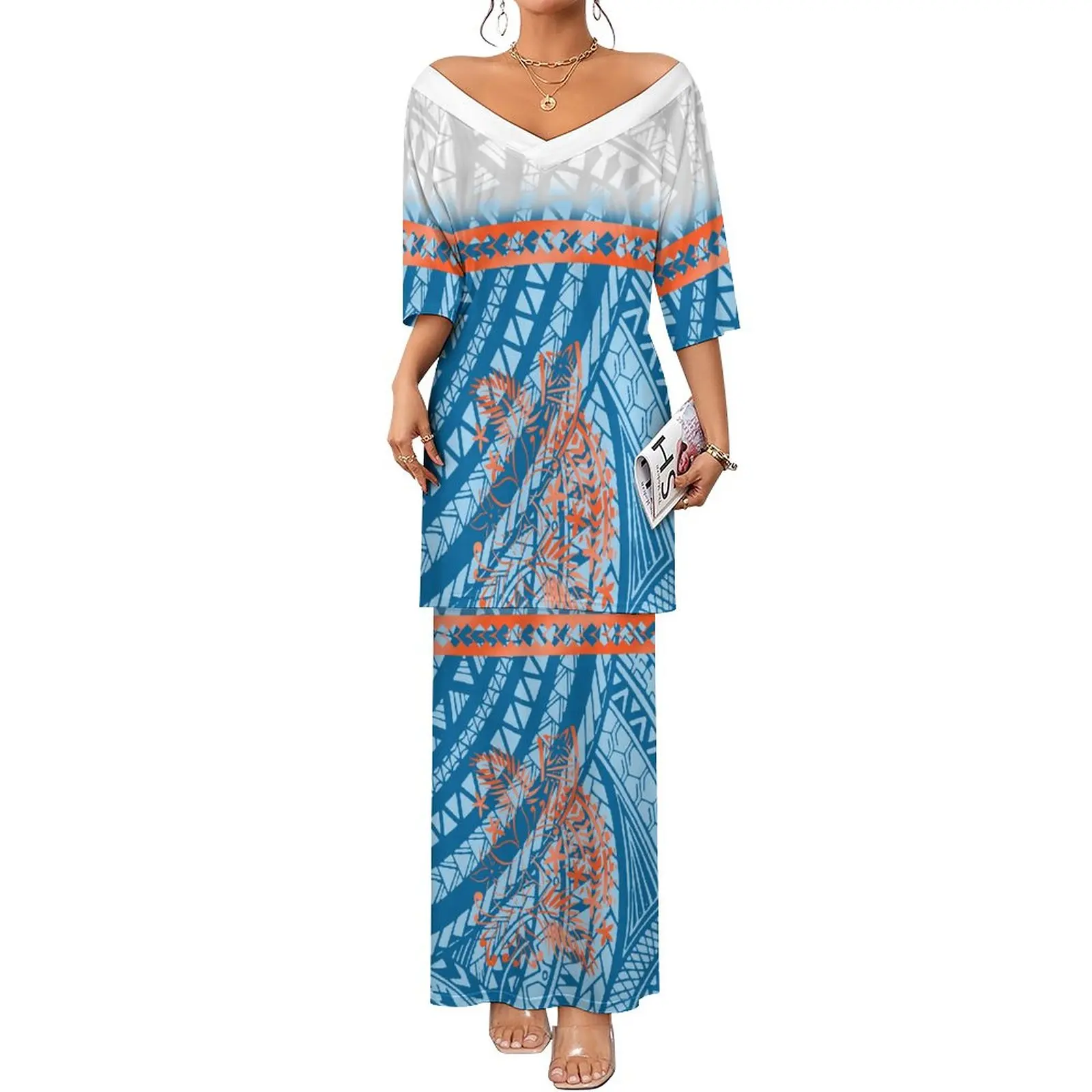 Women 2 Piece Set Samoan Puletasi Dress Polynesian Printed Plus Size Island Dresses Sexy Split 