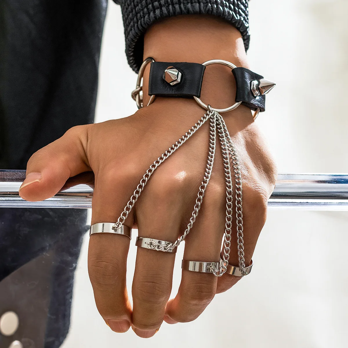 Men's Bracelet - Black Stainless Steel Lateral Cross With Brown Braided Leather Bangle - View #9