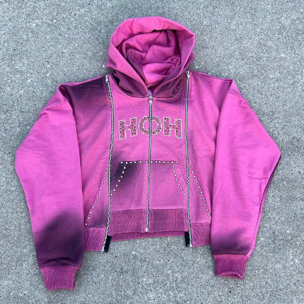 Custom 3 Zipper Sun Faded Washed Oil Washed Vintage Tracksuit Men Rhinestone Streetwear Silk Screen Printing Sweatsuit gallery 3