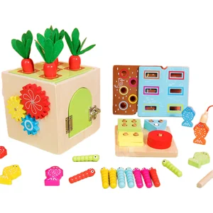 Montessori Wooden Baby Busy Box 9 in 1 Educational Toy Set with Fishing Carrot Pulling and Bug Catching for Toddlers