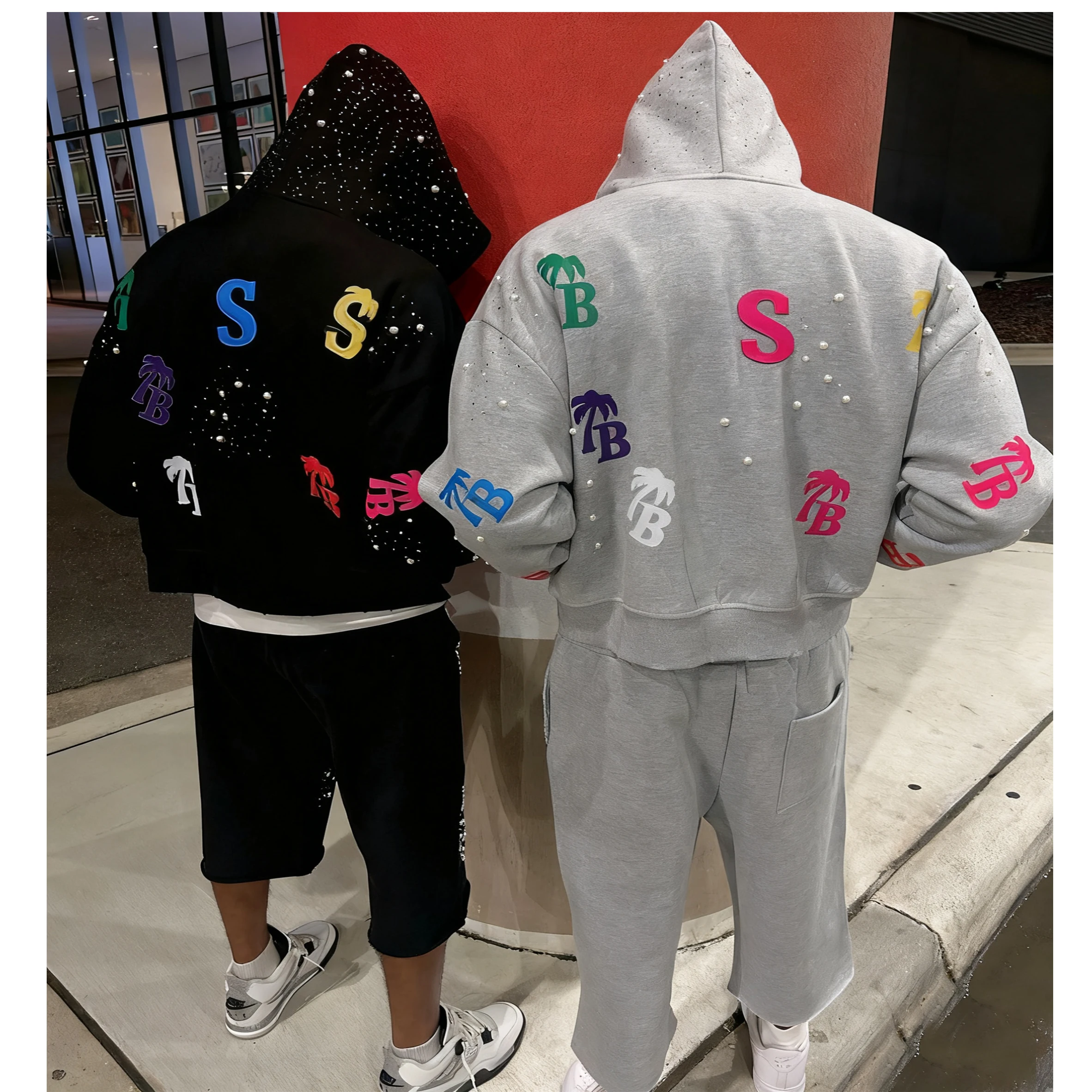 Custom Design Rhinestone Luxury Men Long Sleeve Full Zip up Two Piece Tracksuit New Fashion Jogging Sweatpants and Hoodie Set gallery 4