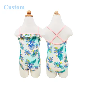 Customized Floral Designs Swim Wear Beachwear for Kids Crisscross Back Bathing Suit One Piece Girls Swimsuit with Ruffled Trim