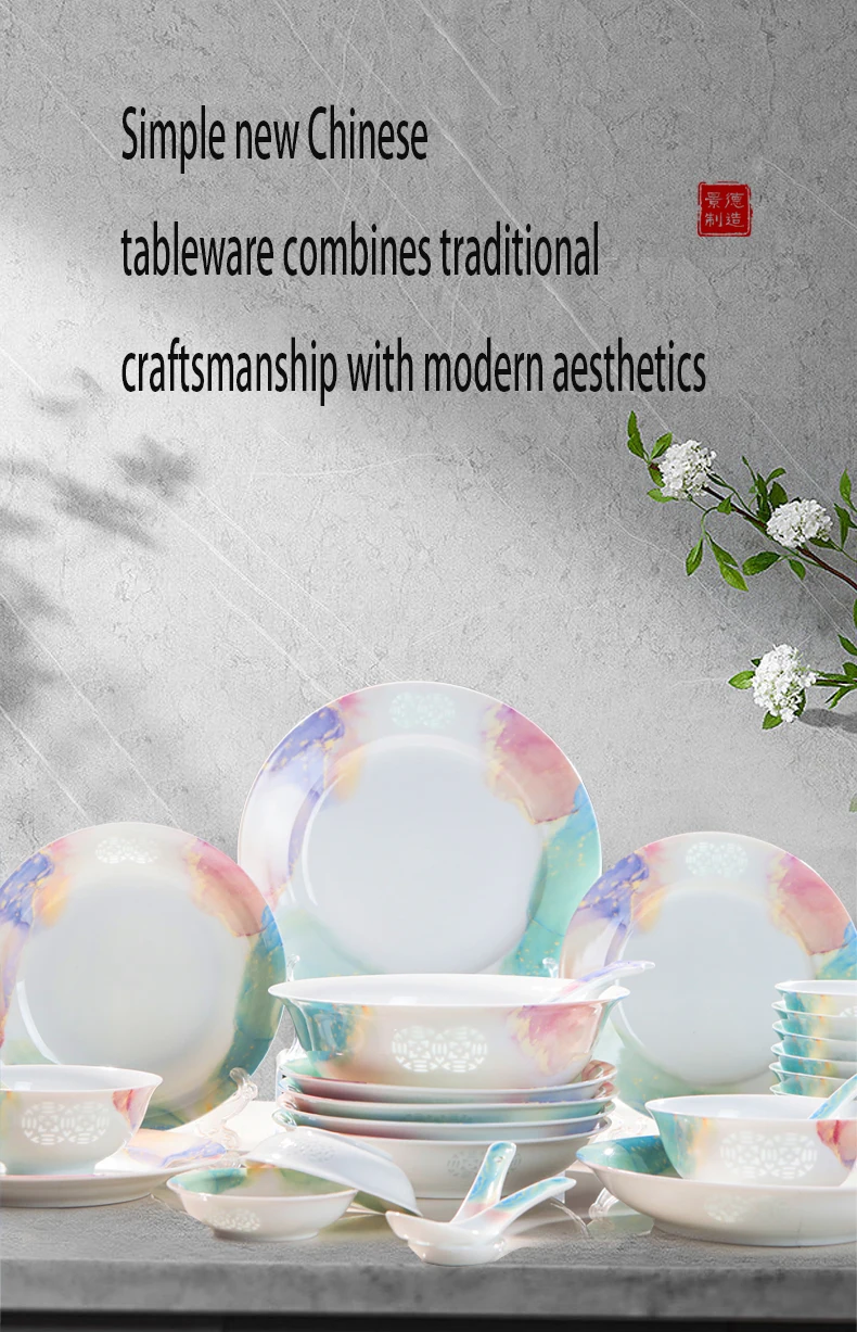 High-end tableware set white porcelain exquisite high temperature underglaze colored ceramic bowls and plates for home use factory