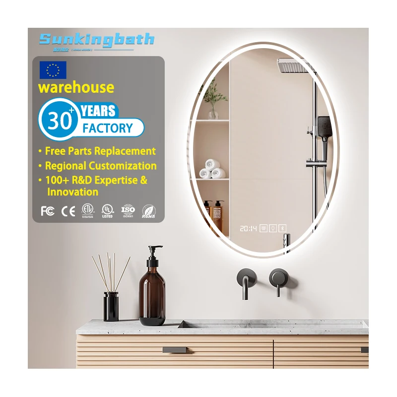 Customized Modern Bath Mirror Smart Makeup Mirror Wall Mount Entryway Oval Led Bathroom Mirror with LED Lighting for Villa
