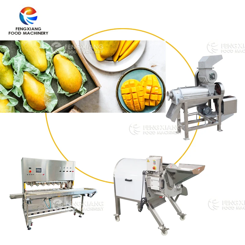 Automatic Mango Skin Peeling 8 Heads Peeler Juice Making Processing Line  Mango  Cube Dicing Machine Screw Type Juice Machine