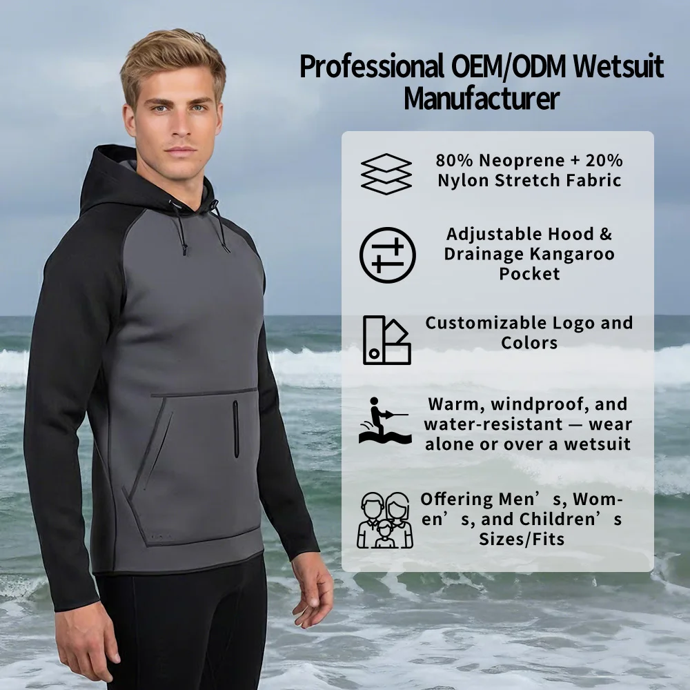 Brugerdefineret neopren-hoodie til voksne, vandtæt og vindtæt, 2 mm og 3 mm dykkertop til kiteboarding, surfing og andre vandsportsgrene