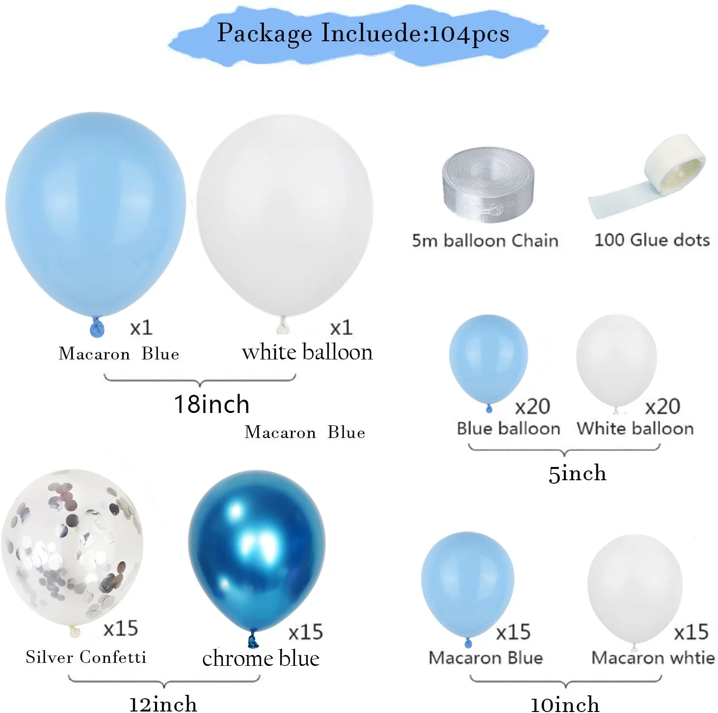 Blue 104 Pack Balloon Arch Kit | Party Decorations - Silver | White