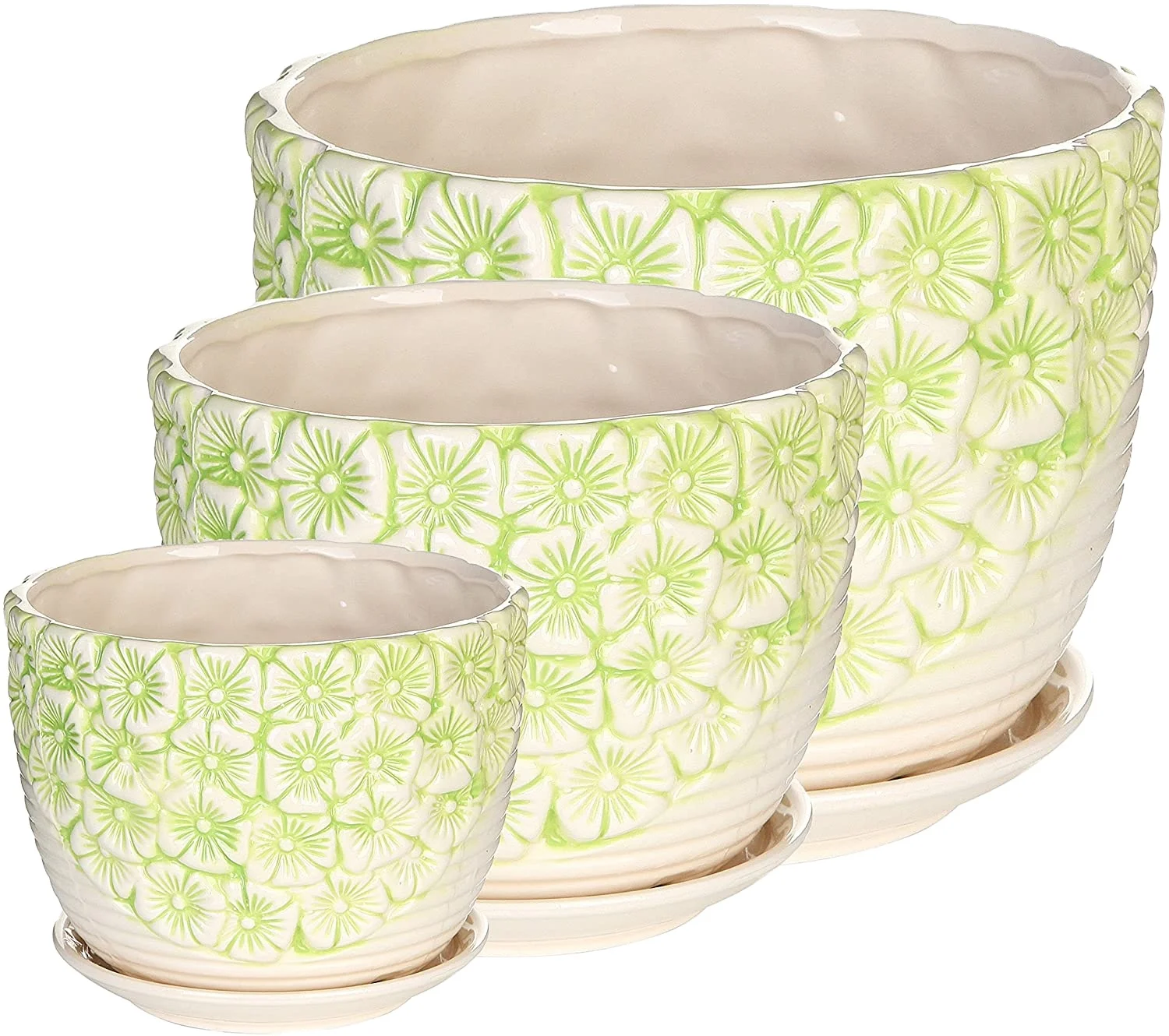Green & White Embossed Flower Design Nesting Ceramic Planter Pots Set of 3 