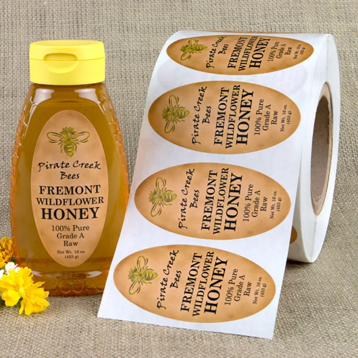 Custom Self Adhesive Logo Printing Roll Bee Honey Packaging Label Food