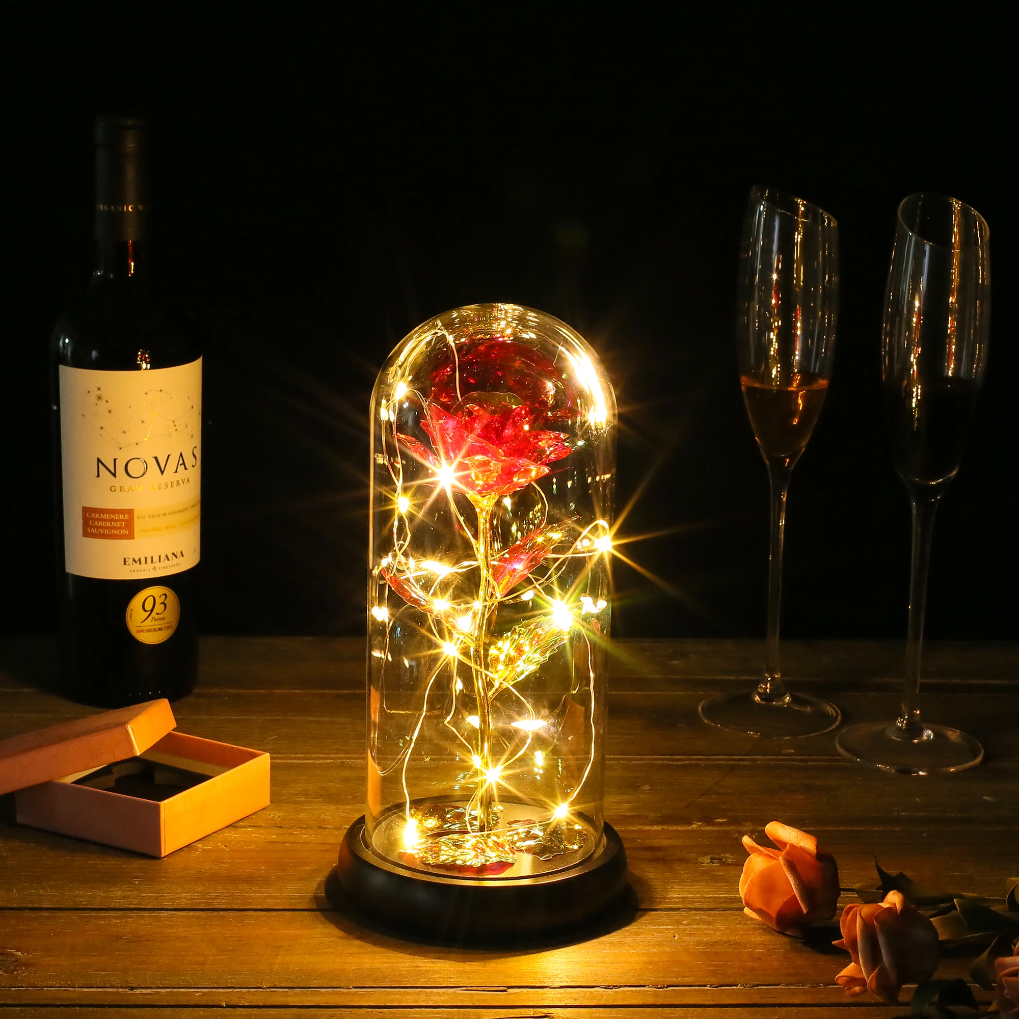 Preserved flower in glass dome with wooden base with led light for home decoration factory