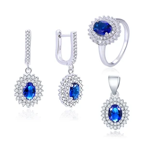 Fashion Shining 925 Sterling Silver Jewelry Sets  Aaa Crystal Rhodium Plating Oval Blue Sapphire Lovely Girl Jewelry Set