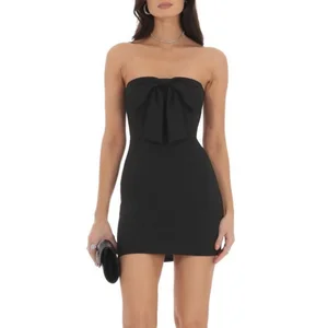 High-End Black Strapless Short Skirt Sexy Slimming Dress Cinched Natural Waist Solid Pattern butterfly Bowknot Decoration
