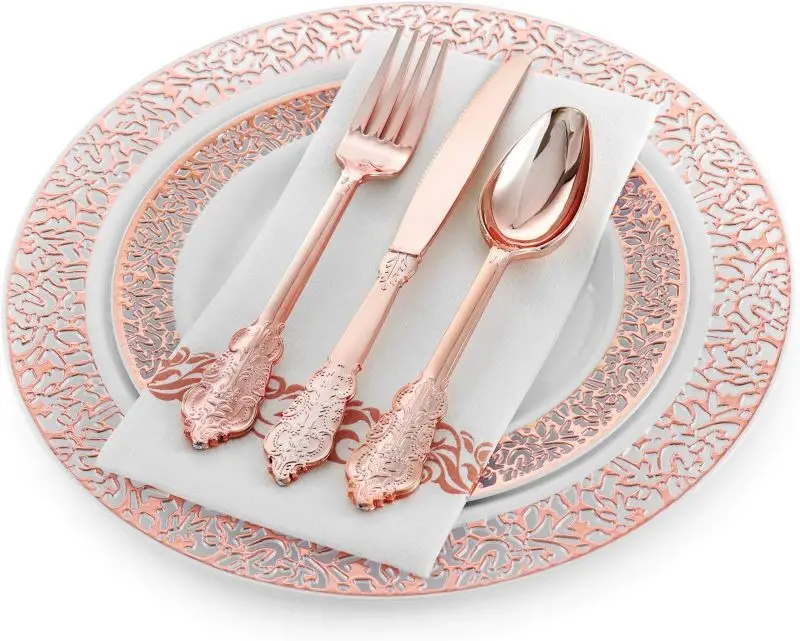 350pcs Rose Gold Tableware Set Include 100 Rose Gold Plastic Plates150