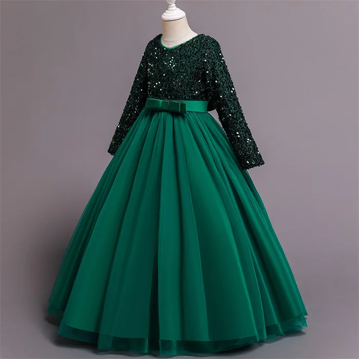 New Sequin Princess Dress Kid Red Wedding Gown For Dresses For Girls Of 10 Year Old Long Sleeve One Piece Girls Party Dresses Buy Elegant Long Sleeve Sequins Belt Bandage Multicolor