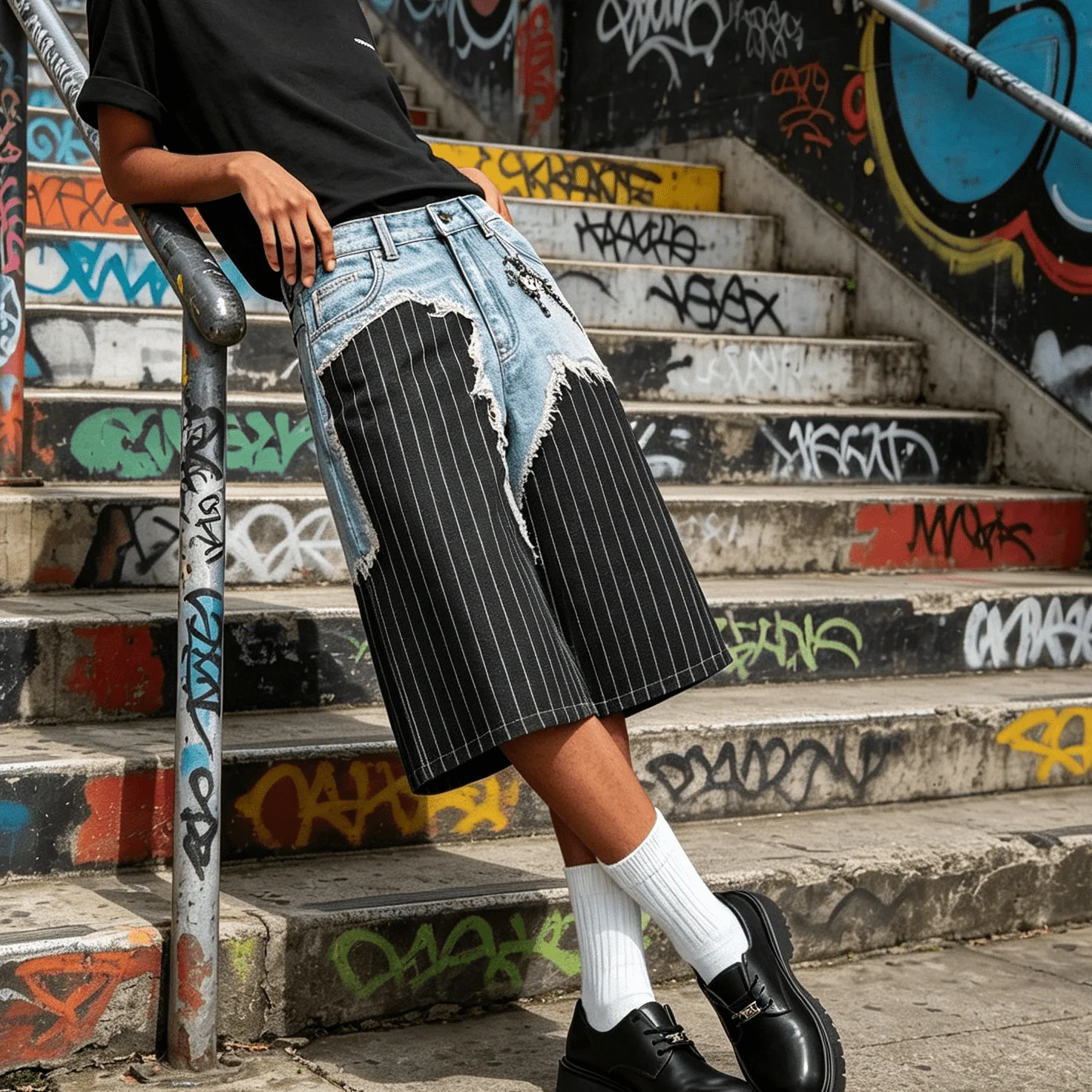 Distressed Denim Shorts Streetwear Ripped Patchwork Casual Baggy Punk Hip Hop Unisex Summer Fashion Knee Length Trousers gallery 3