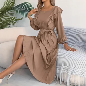 Sample Customization Elegant Long-sleeved Waist-cinched Pleated Women's Dress Spring and Summer Women's Clothing