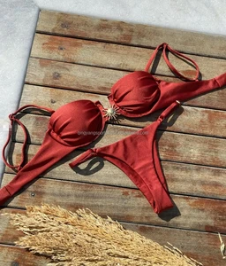 Hot Sale Custom Women's Halter Neck Thongs Bikini Set High Waist Push-up Bra Animal Print Swimwear