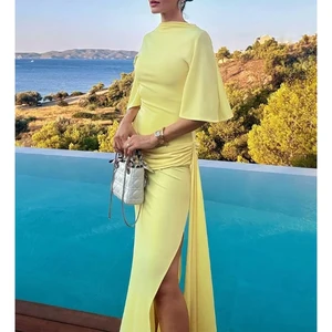 2026 Elegant Split Slim Fit Pleated Half Sleeve Long Dresses High Street Summer Gowns Women's Solid Yellow Backless Maxi Dress
