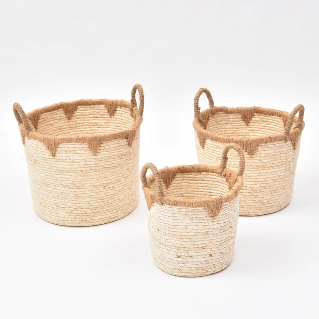 Cotton rope and cattail storage basket for dirty clothes, hand woven multi-purpose storage basket