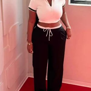 Viviblook Z602ST07 Women Color Blocking Lapel Short Sleeved Crop Top Tied Straight Leg Pants 2-piece Set Sports Fitness Golf Set