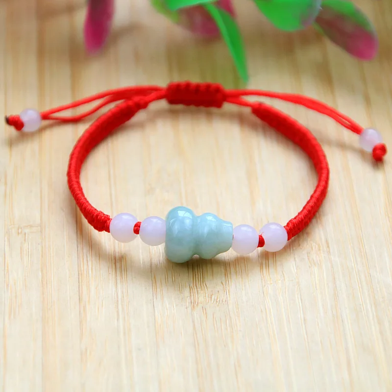 Good Luck Red String Handmade Adjustable Red Rope Light Green Natural Jade Gourd Pixiu Jade Donut Bracelet for Women Men