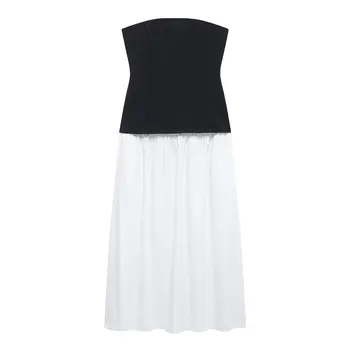 Women's 2025 Spring Collection Black White Digital Printed Tube Top Midi Dress Off-Shoulder Strapless Style