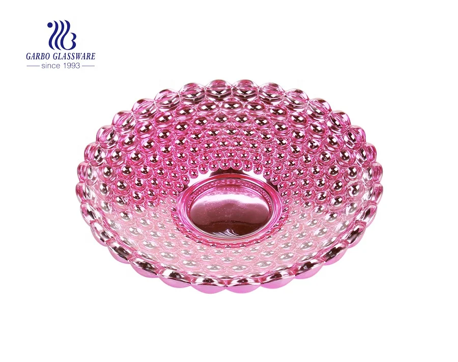 India Classic Fish Scale Round Shape Electroplated Colored Glass Fruit Plate Table Dish Storage Glass Pink Dish for Decoration