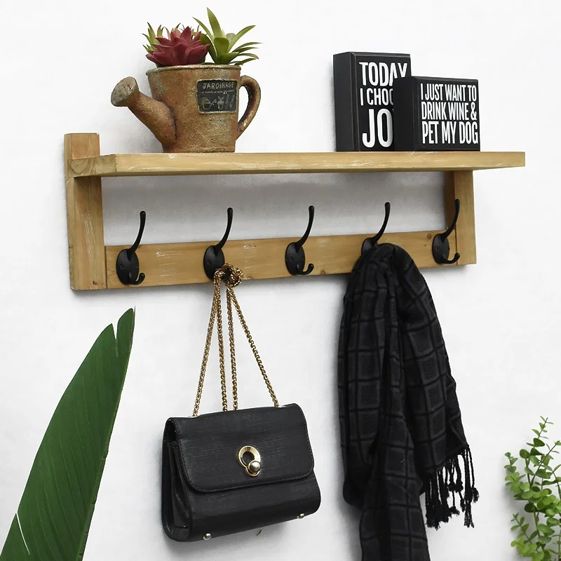 Rustic Wall Mounted Coat Rack Shelf,Farmhouse Brown Wooden Entryway Wall Shelf With 5 Rustic