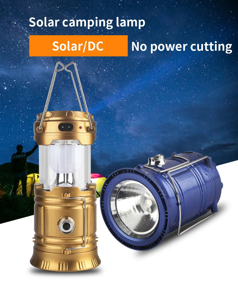 Lampada luce da campeggio LED solare Lampada tenda ricaricabile USB con gancio