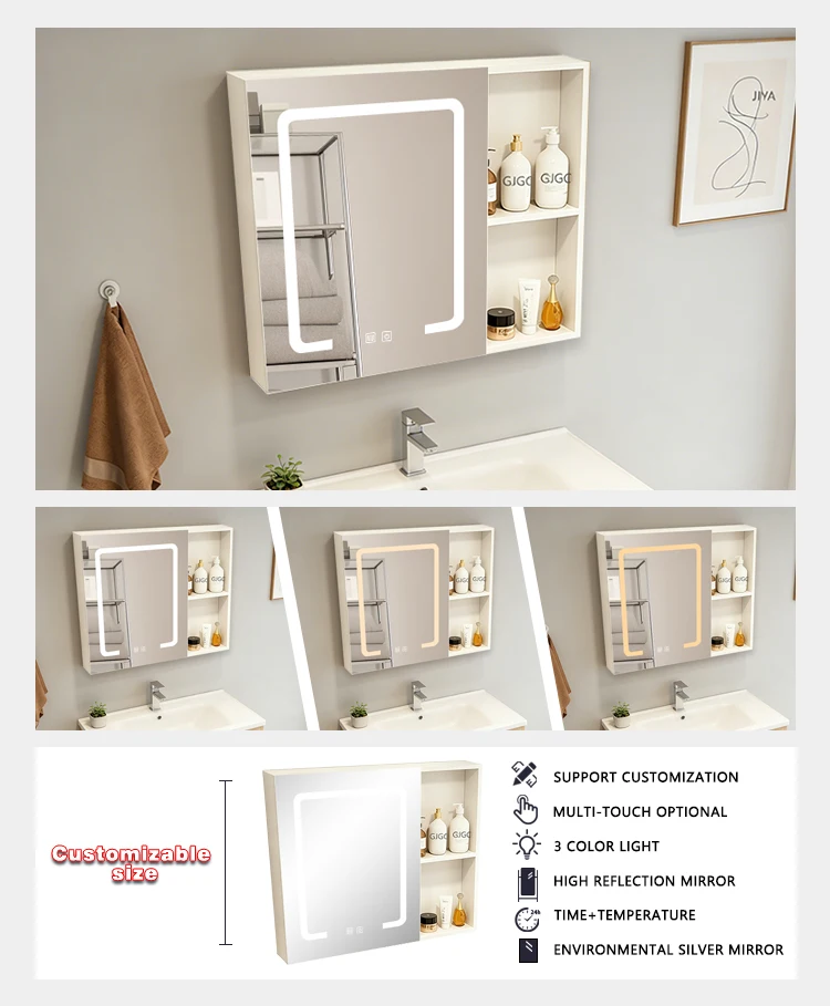 product luxury smart bathroom cabinet headlight led bathroom vanity aluminum moisture proof anti fog medicine mirror cabinet for hotel-4