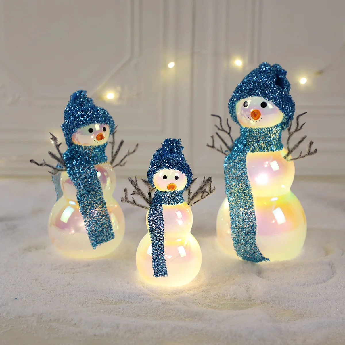 Home decoration items LED Electric Light-Up Hand Blown Frosted Glass Holiday Snowmen decoration with LED lights manufacture