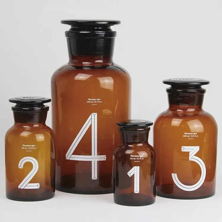 Custom 60ml 125ml 250ml 500ml Amber Brown Narrow Wide Mouth Reagent Bottle Vintage Glass Apothecary Jar With Glass Stopper