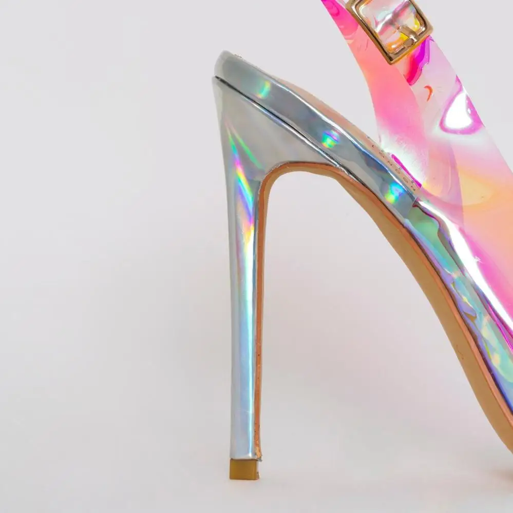 Enmayer Shoes SILVER IRIDESCENT PVC SLINGBACK HEELS Fashion High