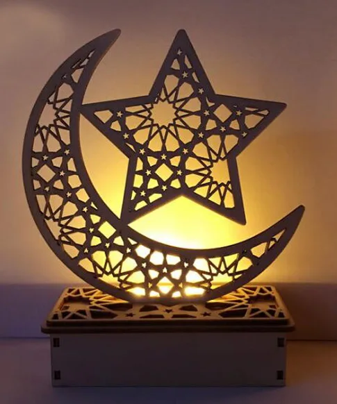 caicainiu 3PCS Ramadan Eid Mubarak Ornaments Wooden Moon Star Shape Light Muslim Ramadan Table Light Crafts Desktop Decoration for Muslim. 