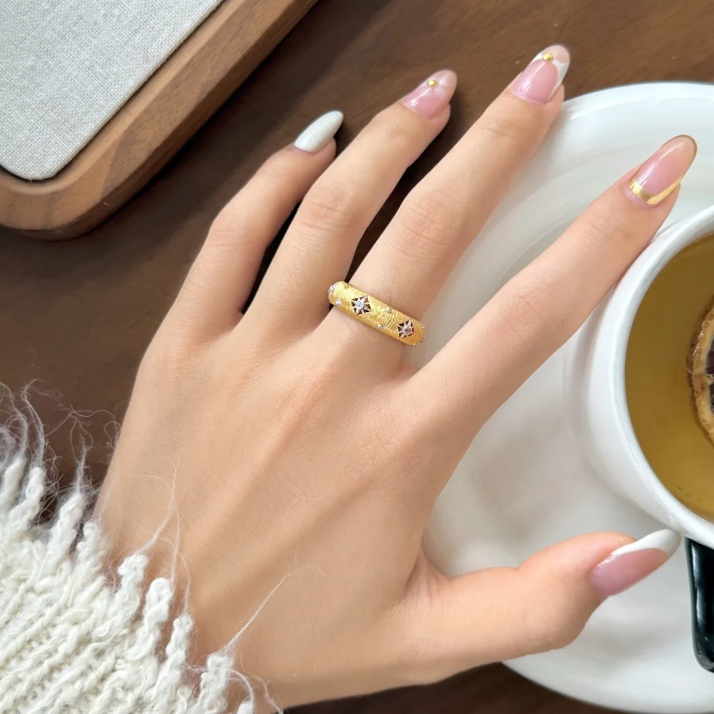 KAKODIY luxury top jewelry 22K gold plated 925 Sterling Silver brushed surface 5A zirconia eight-pointed star eternity band jewelry ring detail 3