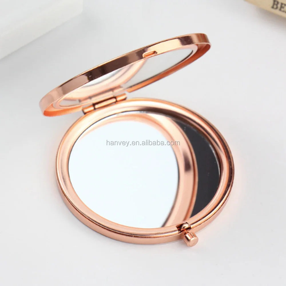Wholesale promotion gift custom pattern round pocket fold cosmetic rose gold stainless steel metal makeup mirror