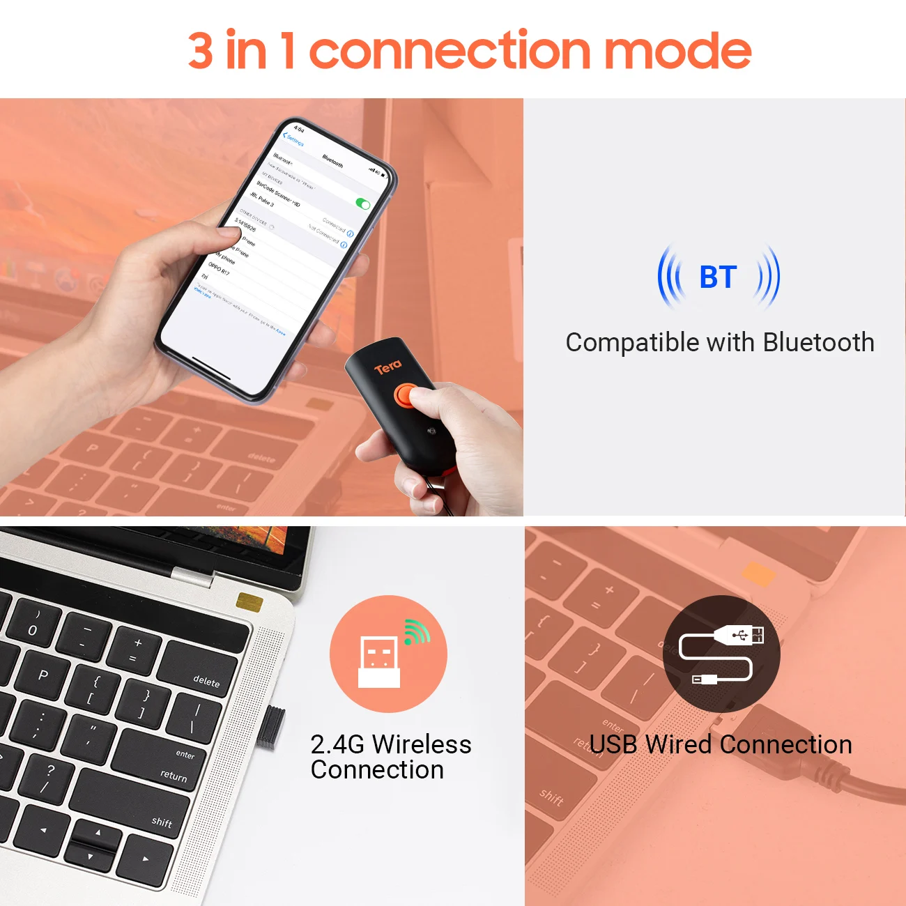 Teraワイヤレスバーコードスキャナー1Dミニポケット防水3-in-1