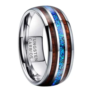 Coolstyle Jewelry 8mm Tungsten Carbide Ring for Men Women Engagement Wedding Band Real Blue Opal Koa Wood Inlay Fashion Jewelry
