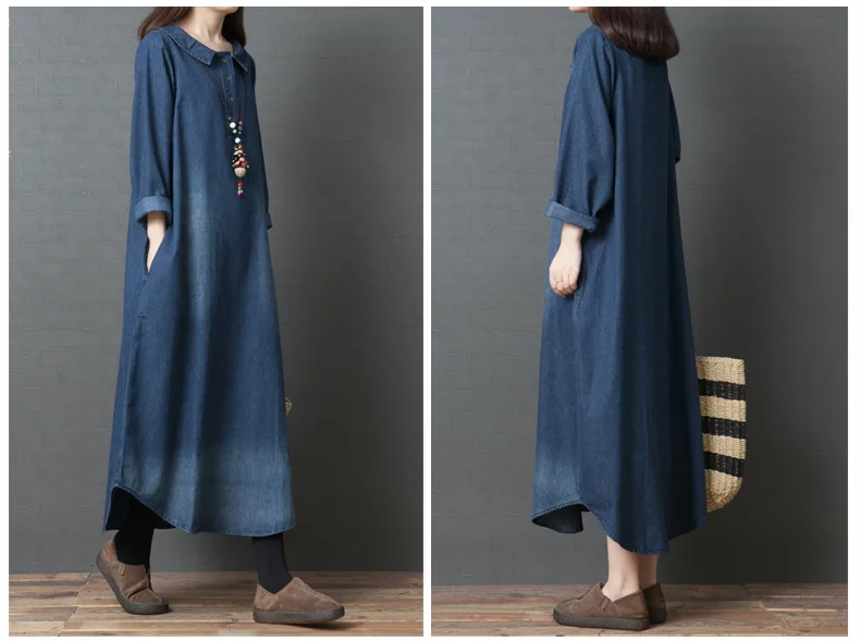 China Cloth Factory Ladies Turn-Down Collar Dresses Women Long Sleeve Plus Size Maxi Denim Dress