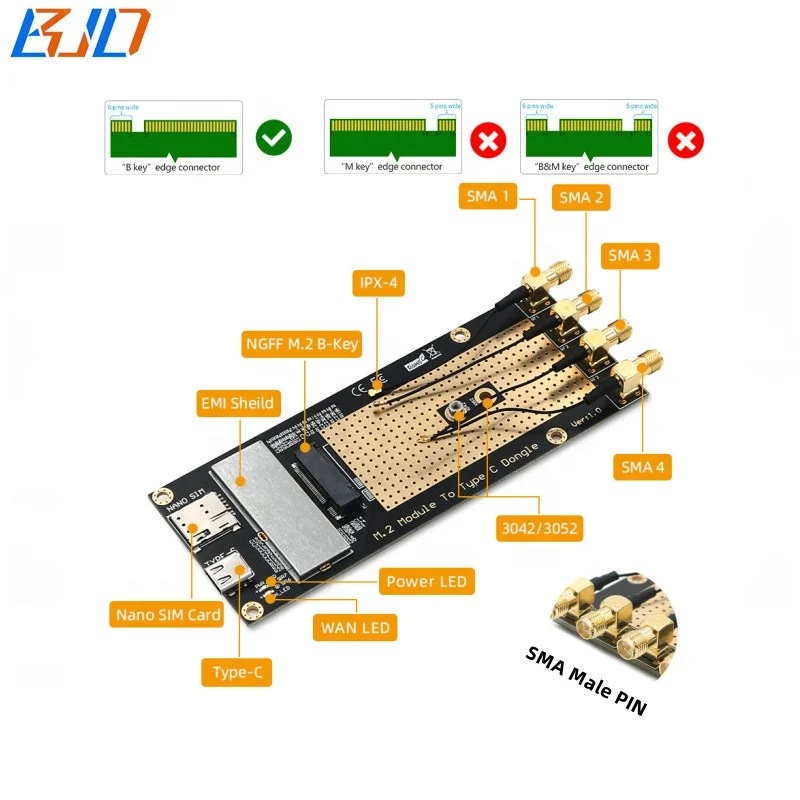 Adaptateur M2 B Key miniPCIe pour M.2 NGFF 3G 4G 5G LTE GPS avec slots