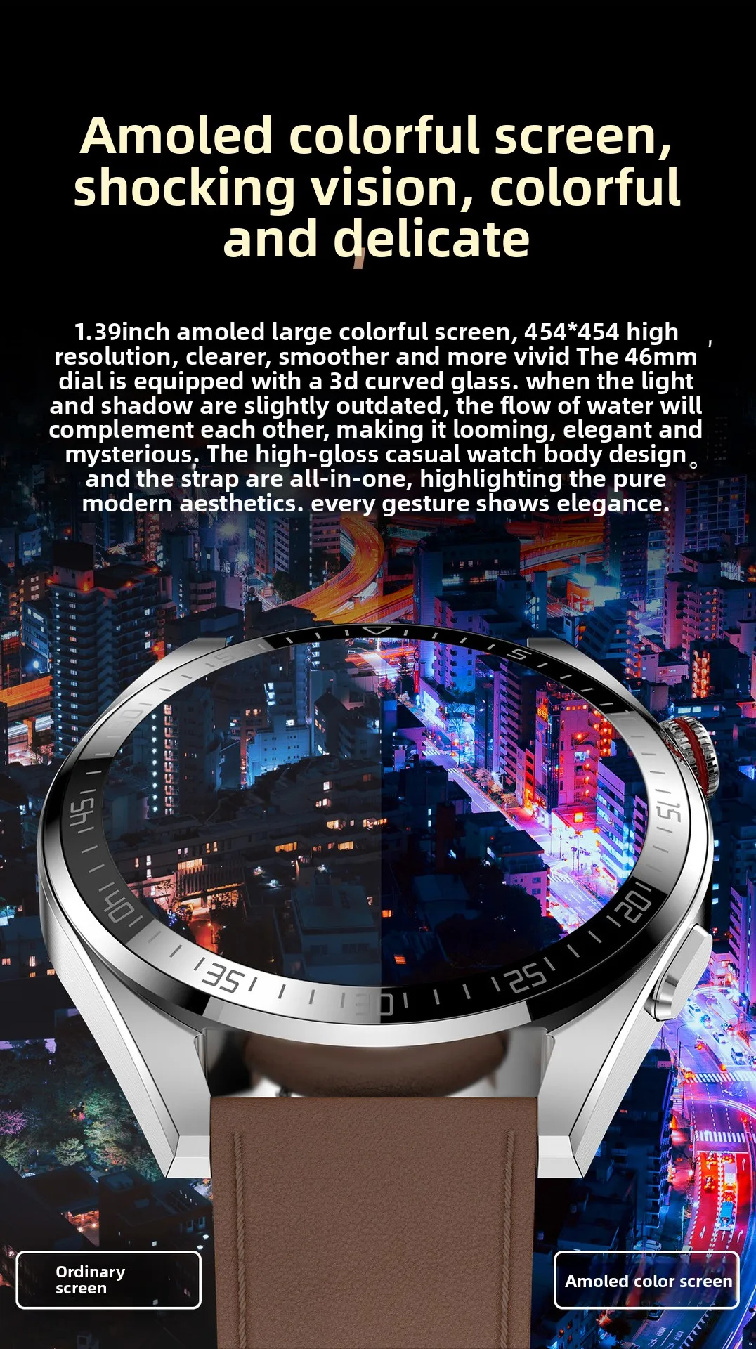 product smart watch with amoled screen for bluetooth music  call features blood pressure  oxygen monitoring leather band-7