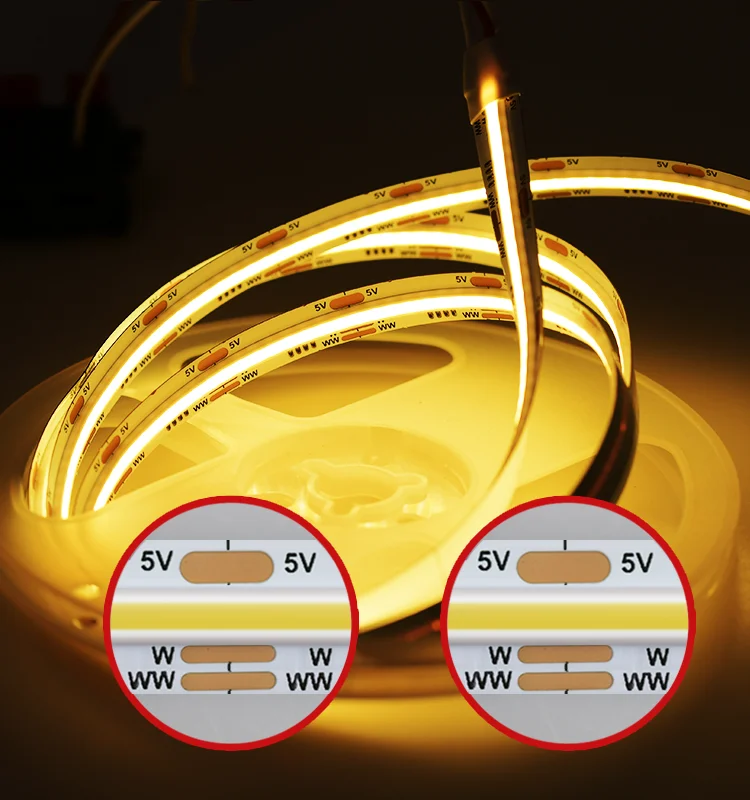 New Arrivals CCT Warm/Cold White DC5V COB Strip LED 640LEDs/M Flexible COB LED Light Strips